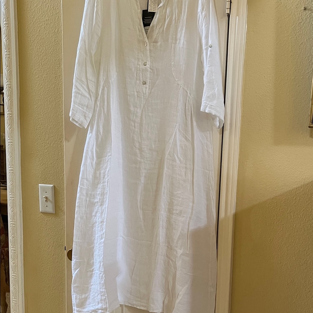 NWT-Puro Lino White Button-Up Linen Dress-Medium-3/4 Sleeves-Made In Italy 🇮🇹